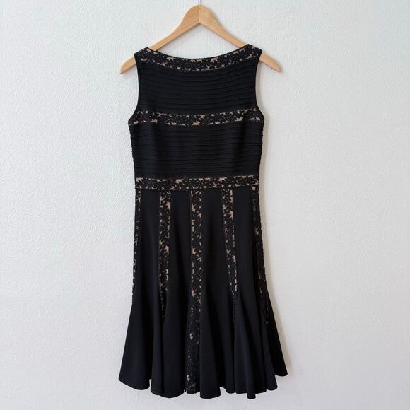 Tadashi Shoji Black Knit Pleated Lace Detail Dress Size Petite Small Cocktail - Picture 2 of 12